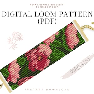Peony Loom pattern for beaded bracelet, flower pattern, DIY beaded bracelet pattern for Miyuki Delica