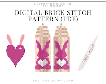 Patrón de puntada de ladrillo Love Bunny para pendientes de cuentas con flecos, patrón de San Valentín, patrón de pendientes de cuentas DIY para Miyuki Delica