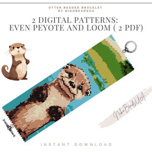 May include: A digital pattern for a beaded bracelet featuring an otter. The pattern is available in two formats: even peyote and loom. The pattern is available as a digital download.