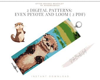 Otter even peyote and loom patterns for beaded bracelet, animal pattern, DIY beaded bracelet pattern for Miyuki Delica