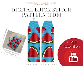Watermelon Brick Stitch pattern for fringe beaded earrings, fruit pattern, DIY beaded earrings pattern for Miyuki Delica