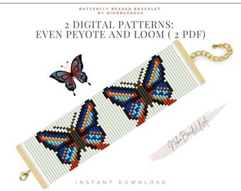 Butterfly even peyote and loom patterns for beaded bracelet, butterflies pattern, DIY beaded bracelet pattern for Miyuki Delica