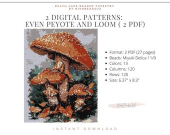 Death Cap Mushrooms even peyote and loom patterns for beaded tapestry, nature pattern, DIY beading pattern for Miyuki Delica