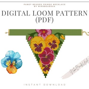 Pansy Fringe Loom pattern for beaded necklace, boho design, DIY fringe necklace PDF for Miyuki Delica