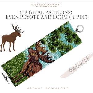 Peut inclure: Patron numérique pour un bracelet en perles d'élan. Le patron comprend des instructions pour les techniques de tissage en peyote pair et en métier à tisser. L'image montre un gros plan du motif du bracelet, qui représente un élan debout dans un décor de forêt.