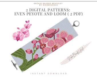 Pink Orchid even peyote and loom patterns for beaded tapestry, floral pattern, DIY beading pattern for Miyuki Delica
