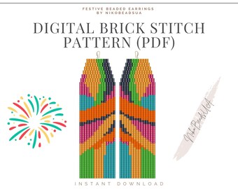 Festive Brick Stitch pattern for fringe beaded earrings, confetti pattern, colorful pdf, DIY beaded earrings pattern for Miyuki Delica