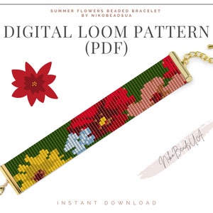 Summer Flowers Loom pattern for beaded bracelet, flower pattern, DIY beaded bracelet pattern for Miyuki Delica