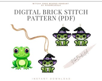 Witchy Frog Brick Stitch pattern for beaded earrings, keychain or pendant, DIY beaded earrings pattern for Miyuki Delica