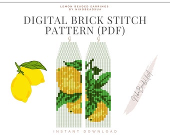 Lemon Brick Stitch pattern for fringe beaded earrings, fruit pattern, DIY beaded earrings pattern for Miyuki Delica