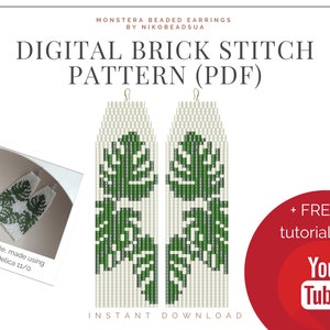 Monstera Leaf Brick Stitch pattern for fringe beaded earrings, floral pattern, DIY beaded earrings pattern for Miyuki Delica