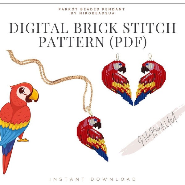 Parrot Brick Stitch pattern for beaded earrings, keychain or pendant, DIY beaded earrings pattern for Miyuki Delica