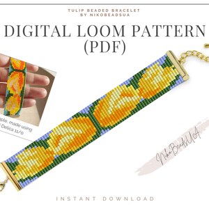 Yellow Tulips Loom pattern for beaded bracelet, flower pattern, DIY beaded bracelet pattern for Miyuki Delica