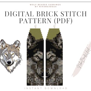 Wolf Face Brick Stitch pattern for fringe beaded earrings, animal pattern, DIY beaded earrings pattern for Miyuki Delica