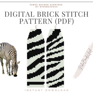 Zebra Brick Stitch pattern for fringe beaded earrings, animal pattern, zebra skin pdf, DIY beaded earrings pattern for Miyuki Delica