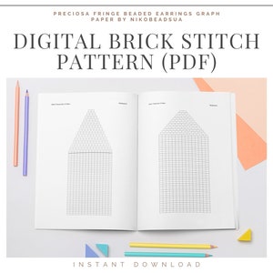 Op de afbeelding: Een digitaal baksteen-steekpatroon voor kralen oorbellen, getoond als een printbaar PDF-document. Het patroon is voor een paar oorbellen met een driehoekige vorm.