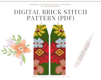 Summer Flowers Brick Stitch pattern for fringe beaded earrings, floral pattern, beaded flower, DIY beaded earrings pattern for Miyuki Delica