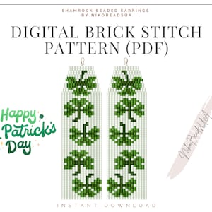 Shamrock Brick Stitch pattern for fringe beaded earrings, St Patrick pattern, DIY beaded earrings pattern for Miyuki Delica