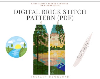Patrón de puntada de ladrillo River Sunset para pendientes de cuentas con flecos, patrón de paisaje, patrón de pendientes de cuentas DIY para Miyuki Delica