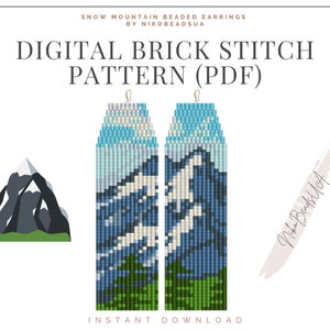 Peut inclure: Modèle de point de brique numérique pour boucles d'oreilles en perles représentant un paysage de montagne enneigée avec des couleurs bleues, blanches et vertes. Le modèle est disponible en téléchargement PDF. "INSTANT DOWNLOAD" et "Nika Beads UA" sont écrits sur l'image.