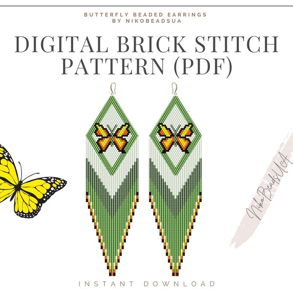 Butterfly Brick Stitch pattern for fringe beaded earrings, diamond fringe, DIY beaded earrings pattern for Miyuki Delica