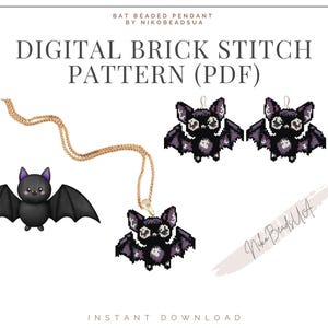 May include: Digital brick stitch pattern for a beaded bat pendant. The pattern is available as a PDF download. The image shows a black bat with purple accents, and a gold chain.