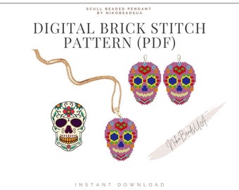 Modèle Brick Stitch Skull en sucre pour boucles d'oreilles en perles, porte-clés ou pendentif, modèle DIY de boucles d'oreilles en perles pour Miyuki Delica