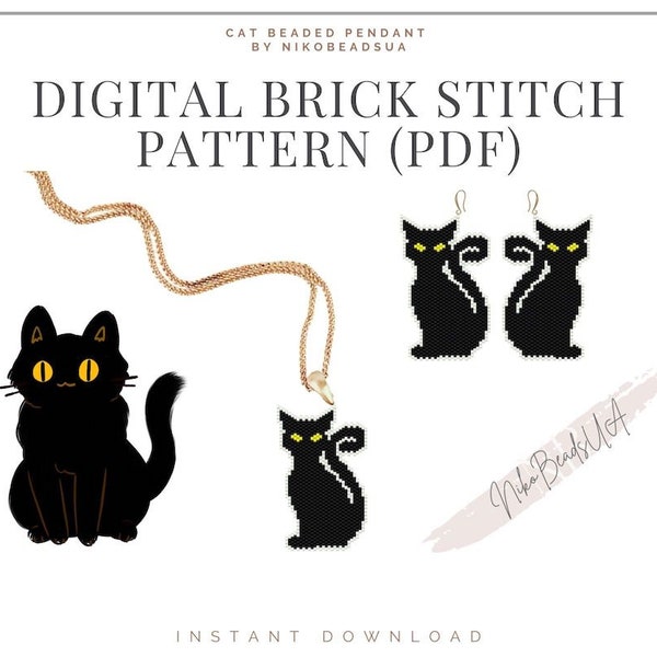 Black Cat Brick Stitch pattern for beaded earrings, keychain or pendant, DIY beaded earrings pattern for Miyuki Delica