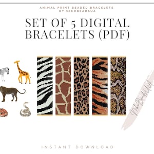 May include: Set of 5 digital beading patterns for bracelets featuring animal prints: zebra, giraffe, leopard, tiger, and snake. The patterns are in PDF format and are available for instant download.
