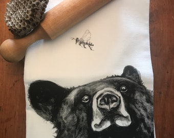 BEAR with BEE tea towel from my original illustration 100% Cotton printed in Maine with eco friendly inks. FREE gift wrap!!!!!