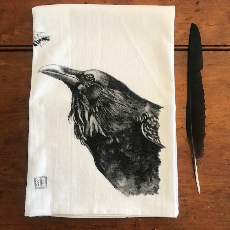 RAVEN tea towel from my original illustration 100% Cotton printed in Maine with eco friendly inks. FREE gift wrap!!! afbeelding 1