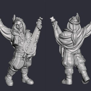 May include: A gray 3D printed miniature of a fantasy character playing a lute. The character is wearing a hat, a long coat, and boots. The character is holding a lute in one hand and a cup in the other.