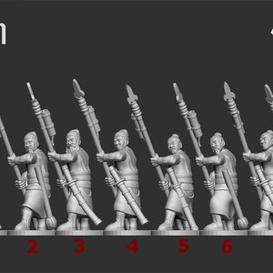 May include: Eight 15mm scale miniature figures of soldiers holding spears. The figures are painted in a light gray color and are posed in a marching formation. The figures are labeled 1 through 8.