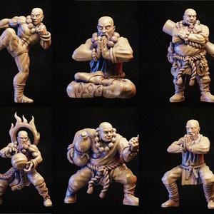 May include: Six miniature figurines of bald, muscular men in various poses. The men are wearing traditional monk robes and some are holding objects like a staff, a scroll, and a water jug. The figurines are made of a light brown material and appear to be hand-painted.