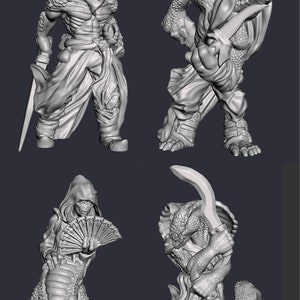 May include: Four miniature figurines of reptilian humanoids, each with a different pose and weapon. One figure holds a sword, another a dagger, a third a fan, and the fourth a curved blade.