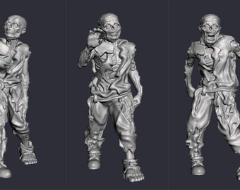 May include: Three gray, detailed, plastic zombie figurines in various poses. The zombies are depicted with decaying flesh and exposed bones.