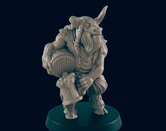 May include: A gray miniature figurine of a minotaur holding a barrel. The minotaur is wearing a brown tunic and has a long beard. The figurine is standing on a black base.
