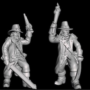 Op de afbeelding: Twee grijze plastic miniatuurfiguren van een persoon die een lange jas, een hoed draagt en een zwaard en een fakkel vasthoudt.