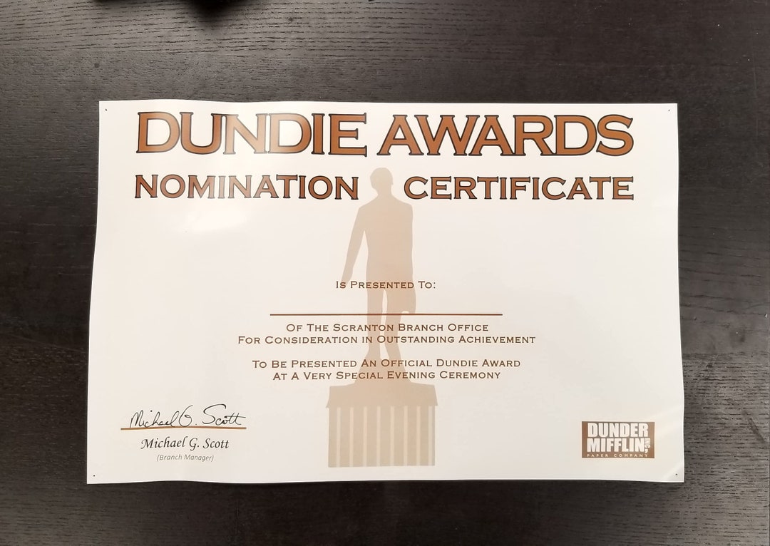 Dundie Awards Nomination Certificate Michael Scott Dunder - Etsy