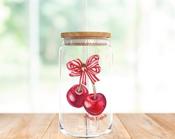 Vaso de cereza coqueta personalizado, vaso de cristal de cereza y lazo, vaso de tapa de bambú, regalo personalizado con nombre