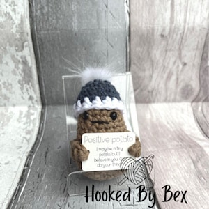 May include: A small crocheted potato wearing a white and blue hat with a white pom pom. The potato is holding a sign that says "Positive potato I may be a tiny potato, but I believe in you so do your thing".