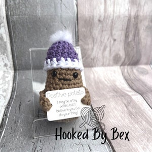 Op de afbeelding: Een gehaakte aardappel met een paarse en witte muts houdt een bord vast met de tekst "Positive potato I may be a tiny potato but I believe in you Go do your thing!" Het bord staat op een witte achtergrond met de woorden "Hooked By Bex" onderaan.