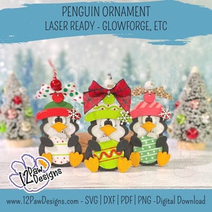 Adorno de pingüino, Adorno de Navidad de pingüino, SVG de pingüino, Adorno de Navidad, Forja luminosa, Listo para láser, Svg/Dxf/Png/Pdf, Digital, Archivo recortado