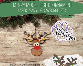 Laser Ready - Merry Moose Ornament, Christmas Moose, Moose Lights, Glowforge, Svg/Dxf/Png/Eps, download digital, arquivo cortado