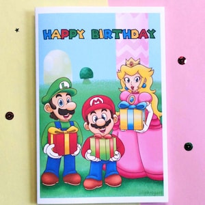 Mario Birthday 4x6 Inch Greeting Card with White Envelope (Customizable) | Mario Luigi and Peach Birthday Card