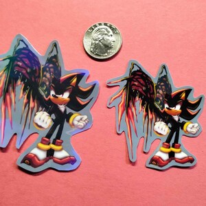 Holographic and glossy shadow the hedgehog with dark wings from sonic x shadow generations next to quarter for measure