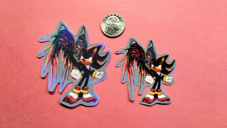 Holographic and glossy shadow the hedgehog with dark wings from sonic x shadow generations next to quarter for measure