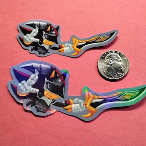 Holographic and glossy shadow the hedgehog as lancelot from sonic and the black knight stickers next to quarter for measure