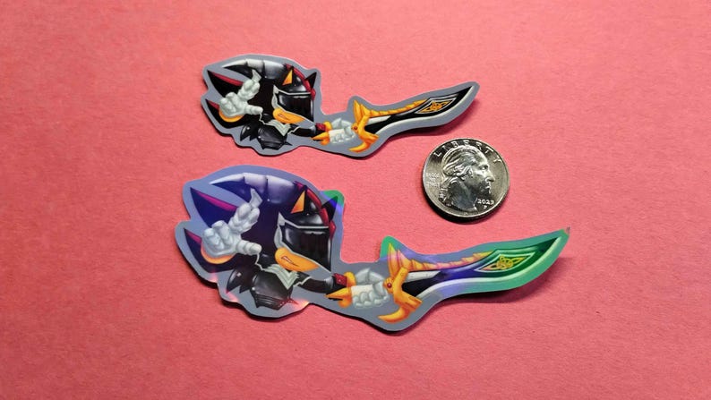 Holographic and glossy shadow the hedgehog as lancelot from sonic and the black knight stickers next to quarter for measure
