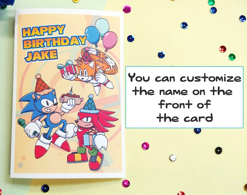 sonic birthday card with sonic, tails, and knuckles. Card says "Happy Birthday Jake" on front. Name on front of card is customizable.
